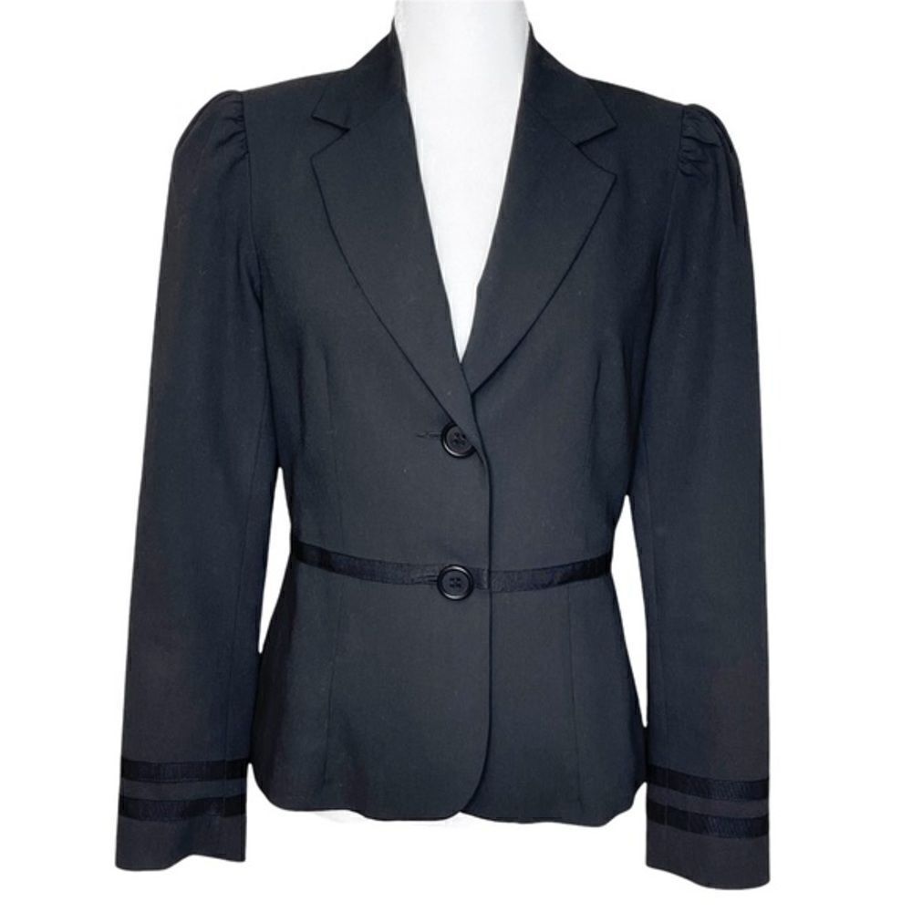 Trina Turk Two Button Blazer Ribbon Trim Black Size 8